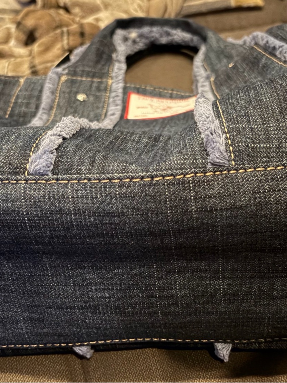 True Religion Dark Denim Tote Bag with Shearling Trim - Picture 7 of 10